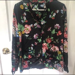 Zara Black Floral Button Down Blouse